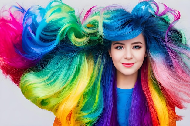 Beautiful woman with colorful hair Bright makeup and hairstyle