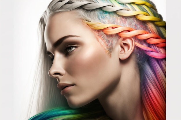 Beautiful woman with colorful hair and makeup Beautiful faceGENERATION Ai