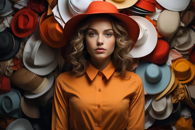 Foto bella donna con uno sfondo di cappello colorato