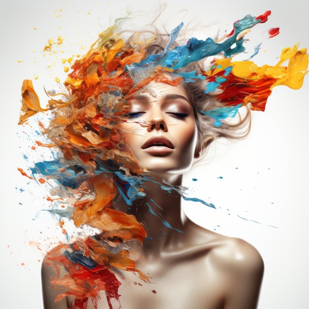 красивая женщина с разноцветными брызгами краски на голове