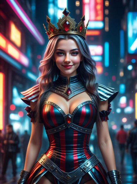 A beautiful woman with a crown in a red and black costume