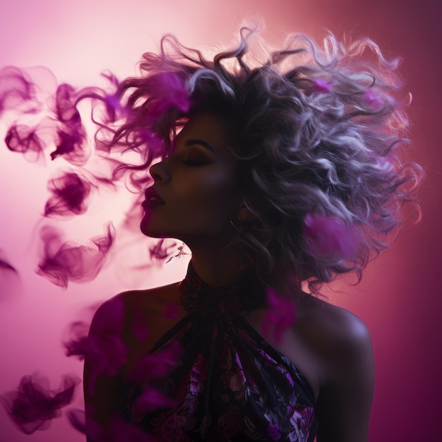 beautiful woman with curly hair in the air with pink smoke