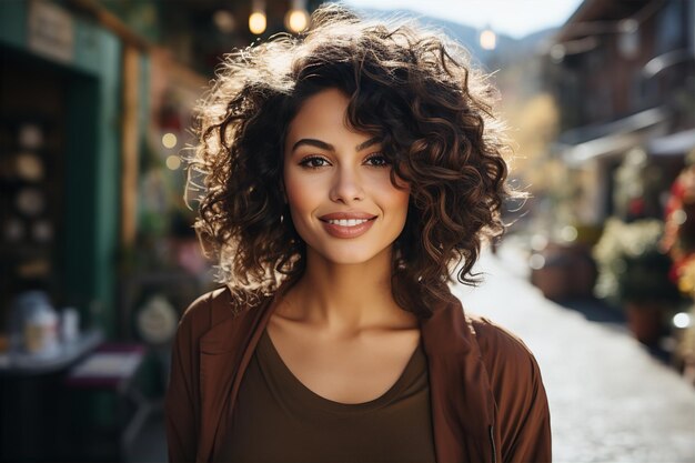 Beautiful woman with curly hair on background of mountains portrait