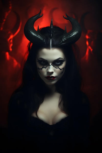 beautiful woman with devils horns demonic eyes wearing halloween costume haunted house background