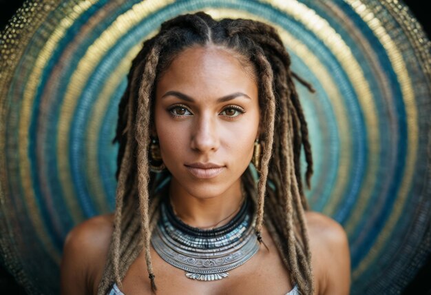 a beautiful woman with dreadlocks in front of a circular pattern