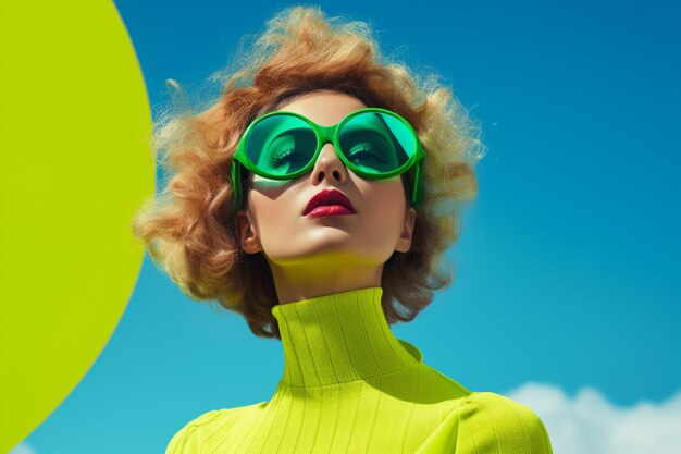 Beautiful woman with eyeglasses on the blue sky