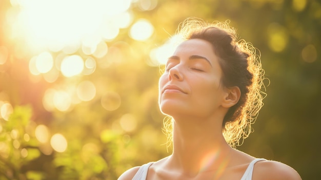 Beautiful woman with eyes closed and relaxing the sun in a warmth park at sunset