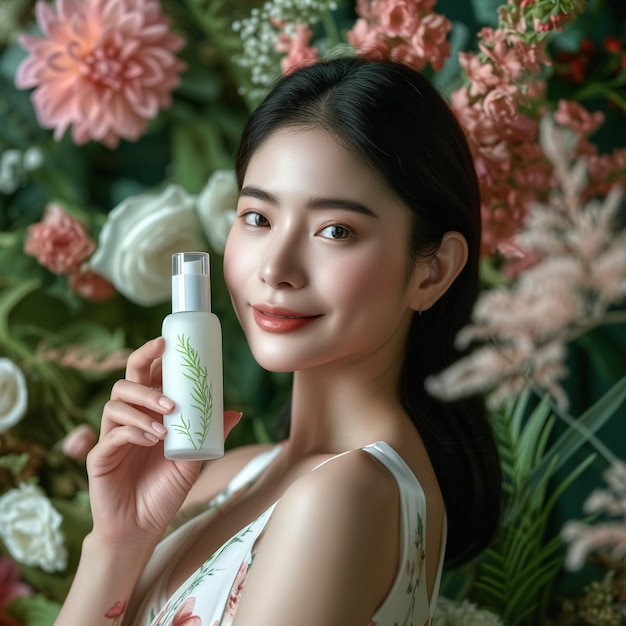 Photo beautiful woman with florals and botanicals dress