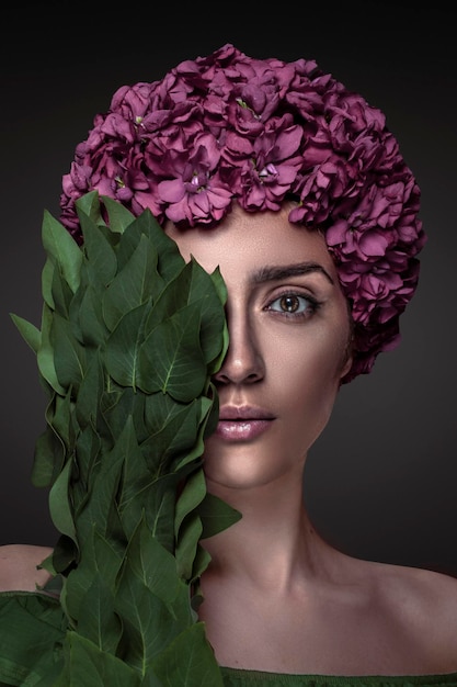 Beautiful woman with flowers head beauty