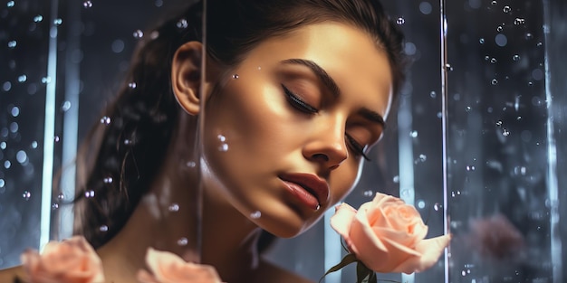 Beautiful woman with flowers and petals behind glass in raindrops