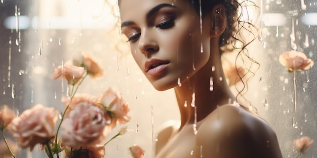 Beautiful woman with flowers and petals behind glass in raindrops