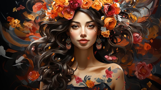 背景の花束のイラストに花をつけた美しい女性