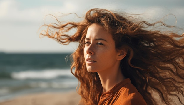 Beautiful woman with fluttering hair on the beach