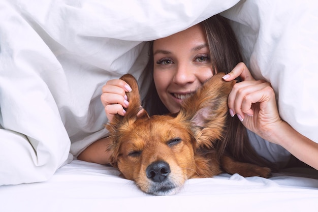 写真 ベッドの犬とowneの毛布の下に横たわっている面白い長い髪のダックスフント犬と美しい女性
