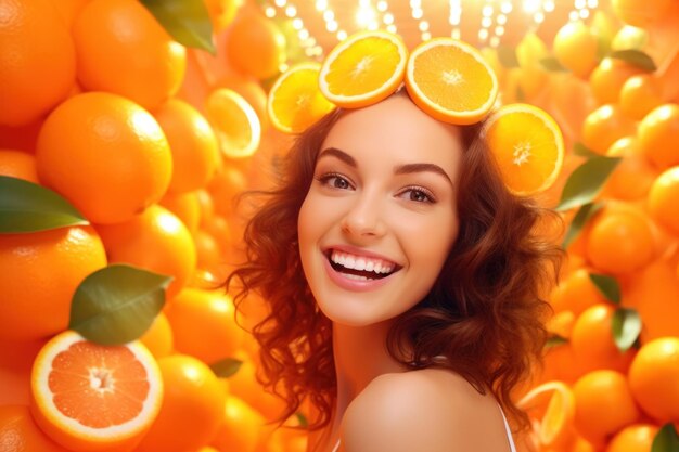 Beautiful woman with glowing hydrated skin and orange fruit