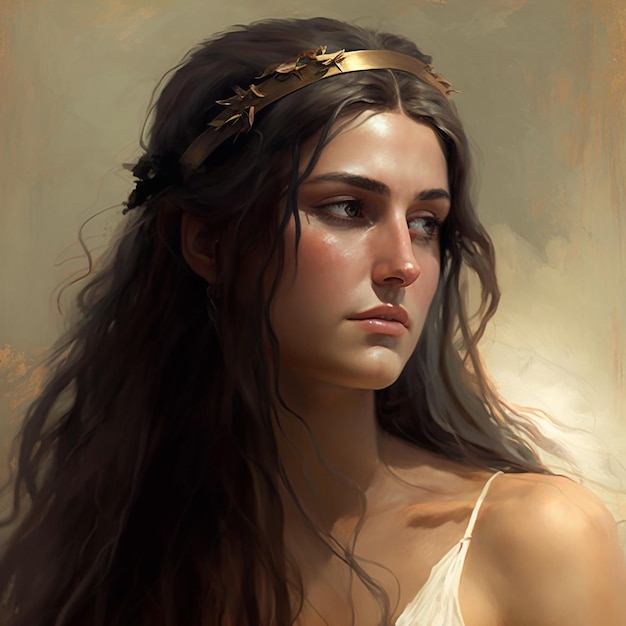 Beautiful Woman With Gold Headband Dressed As Greek Goddess Looking To Side