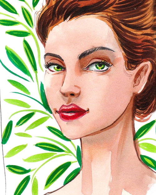 Beautiful woman with green eyes. Ink and watercolor drawing