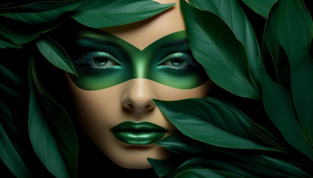 Beautiful woman with a green leaf over her face bright cosmetic makeup facial skincare