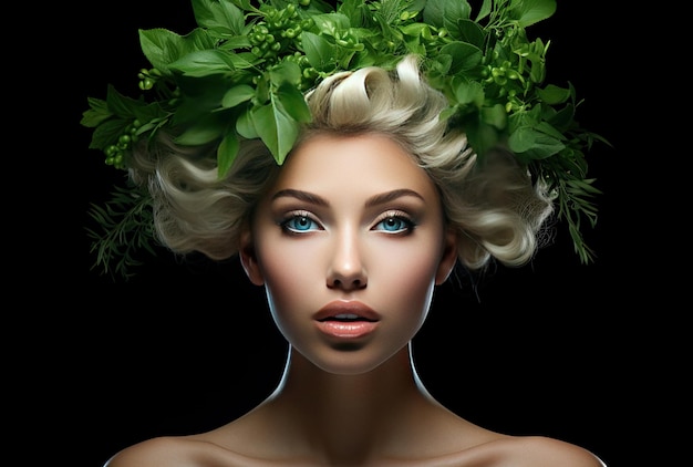 Beautiful woman with a green wreath on her head organic concept ai generated