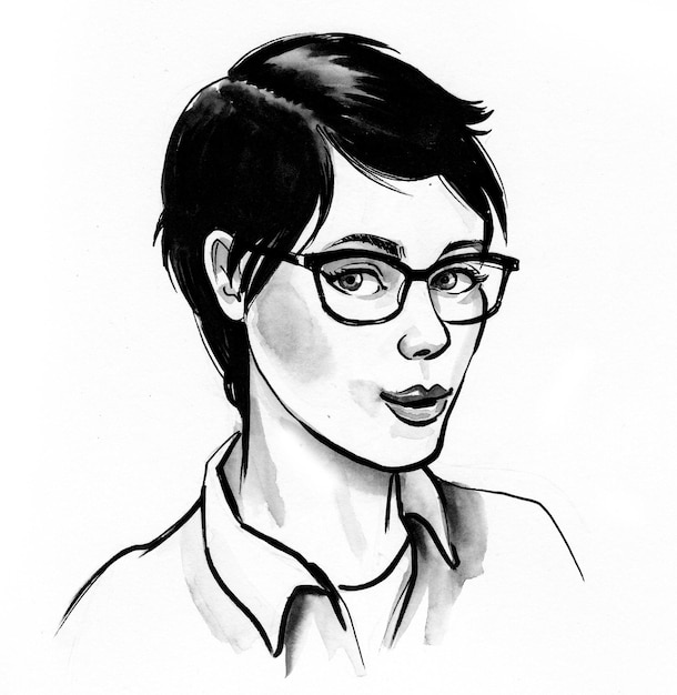 Beautiful woman with haircut in glasses. Ink black and white drawing