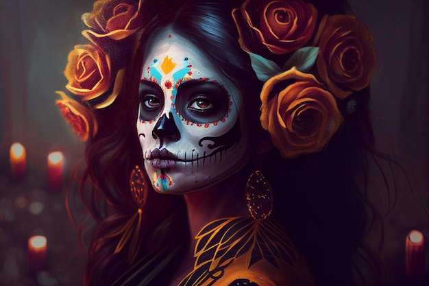 Beautiful woman with Halloween make up for dia de muertos or day of the dead