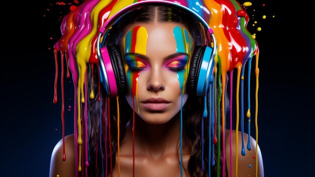 beautiful woman with headphones and colourful rainbow paint dripping down face