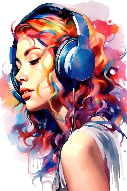 Beautiful woman with headphones in watercolor style