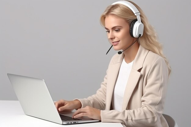 Beautiful woman with headset using laptop against white wall