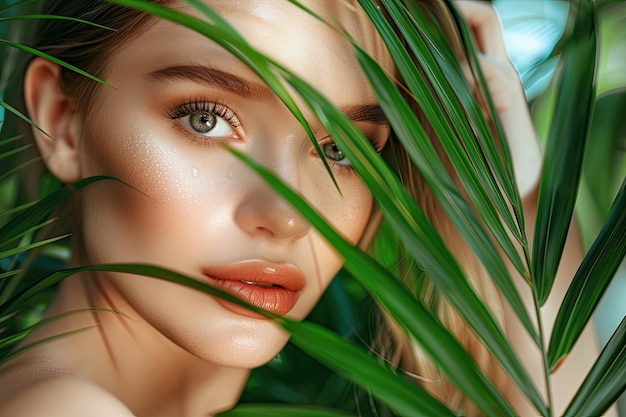 Beautiful woman with healthy skin and green plants skincare concept