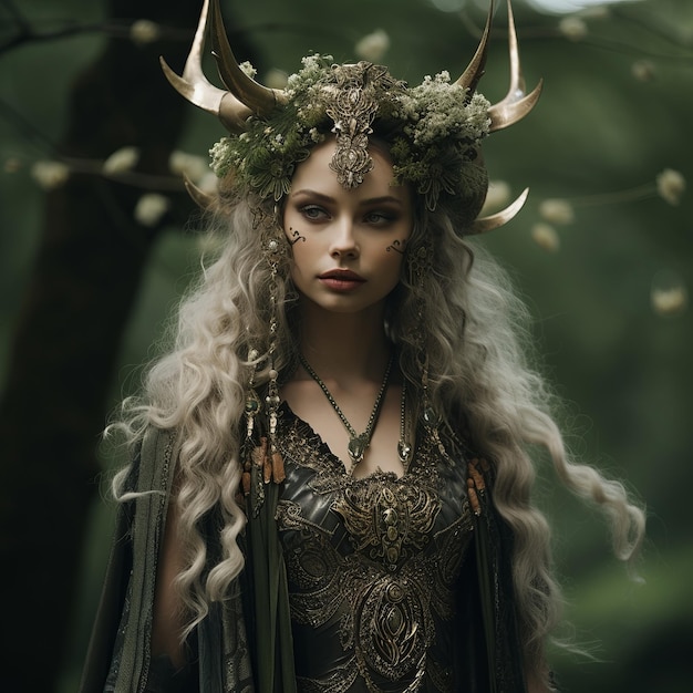 Premium AI Image | a beautiful woman with horns on her head in a forest