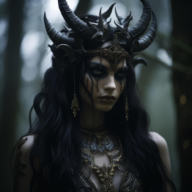 a beautiful woman with horns in the woods