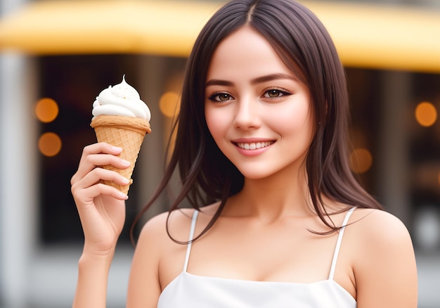 Beautiful woman with an ice cream cone on a sunny summer day Generative AI