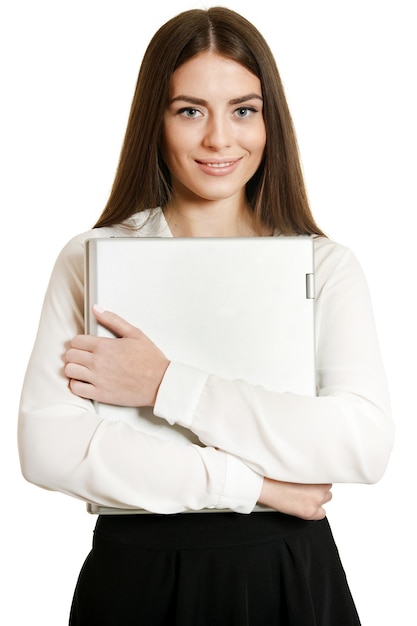 Photo beautiful woman with laptop on white background