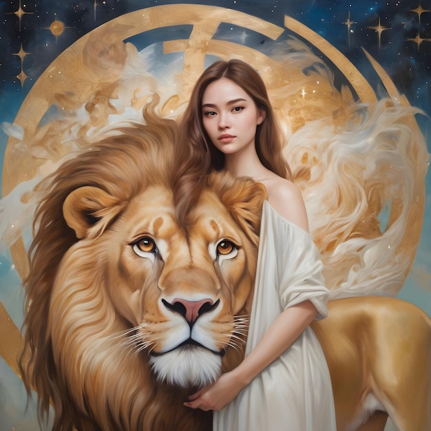 Photo beautiful woman with lion zodiac sign leo