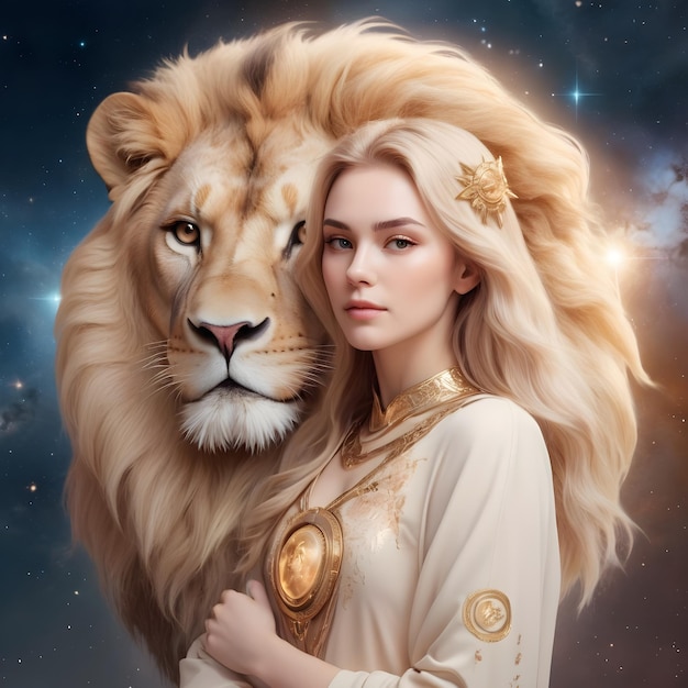 Photo beautiful woman with lion zodiac sign leo