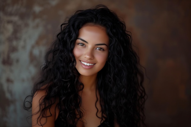 Beautiful Woman with Long Black Curly Hair Posing