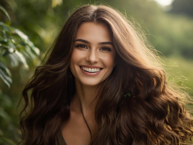 A beautiful woman with long brown hair smiles in nature