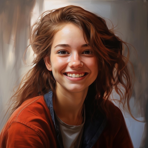 Photo beautiful woman with long brown hair smiling at the camera generated by artificial intelligence