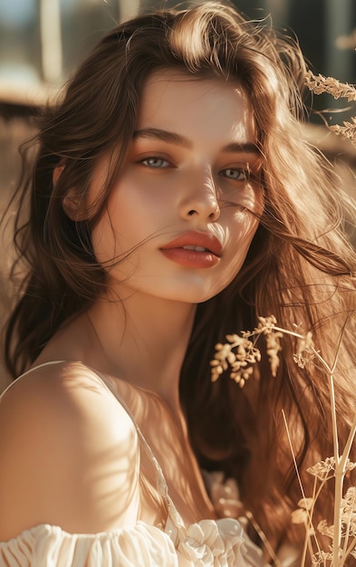 Photo a beautiful woman with long brown hair and a white dress