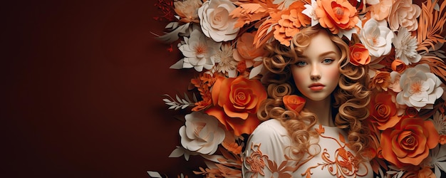 長いひげとオレンジの花の王冠を身に着けた美しい女性