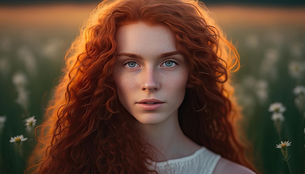 Beautiful woman with long curly hair in the lanscape Generative AI