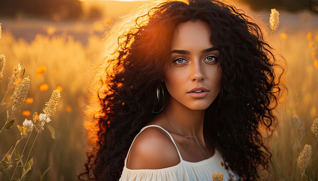 Beautiful woman with long curly hair in the lanscape Generative AI