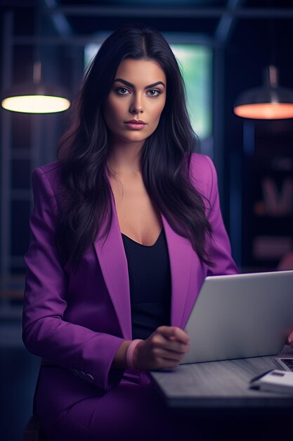 Beautiful woman with long curly hair in violet jacket working on white laptop in the Generative AI