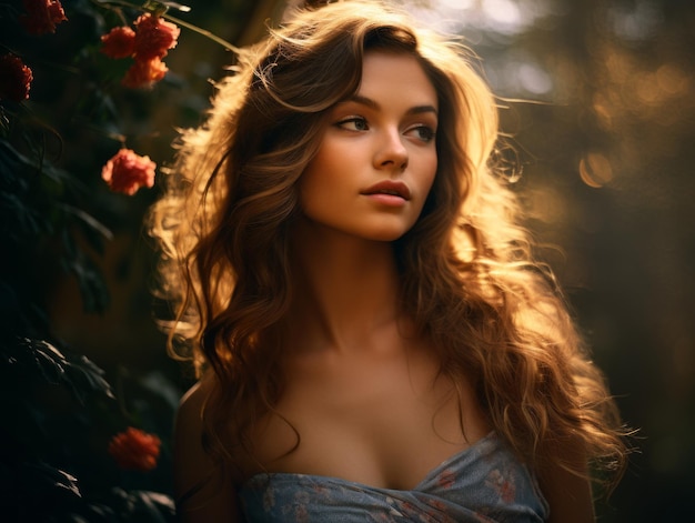 a beautiful woman with long hair posing in front of roses