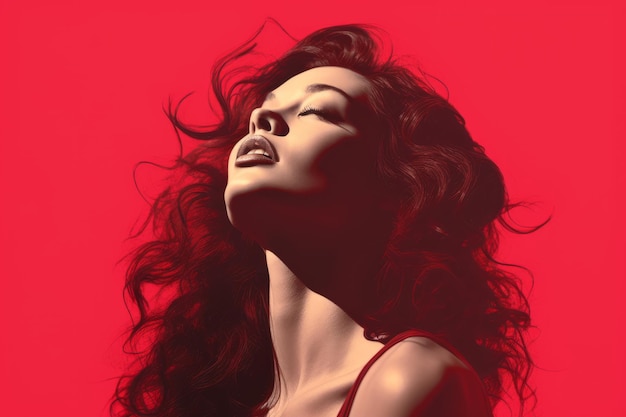 a beautiful woman with long hair on a red background