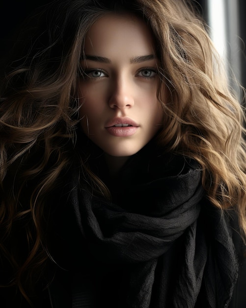 a beautiful woman with long hair and a scarf