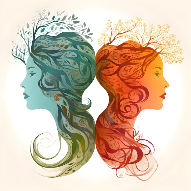 Beautiful woman with long hair and a tree Vector illustration