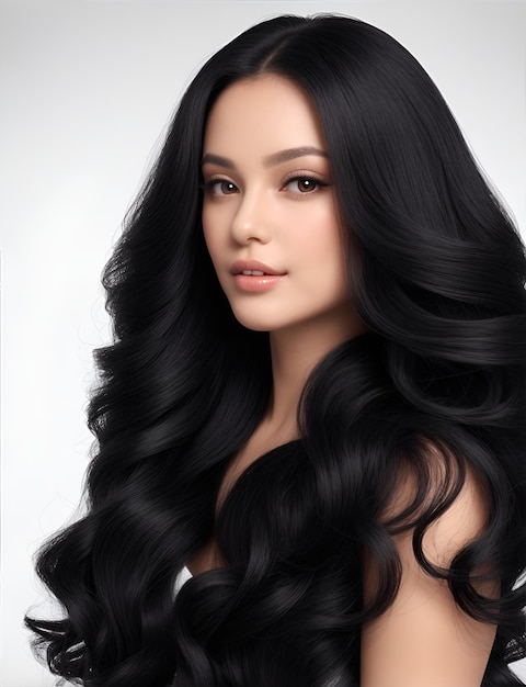 Beautiful woman with long healthy hair on white background Haircare and facial treatment concept