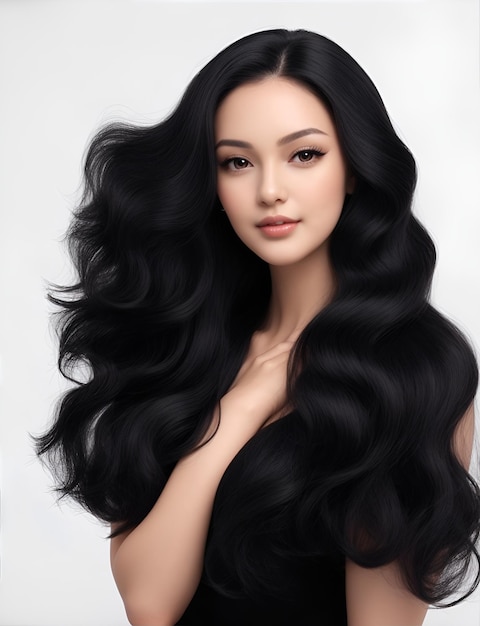 Beautiful woman with long healthy hair on white background Haircare and facial treatment concept