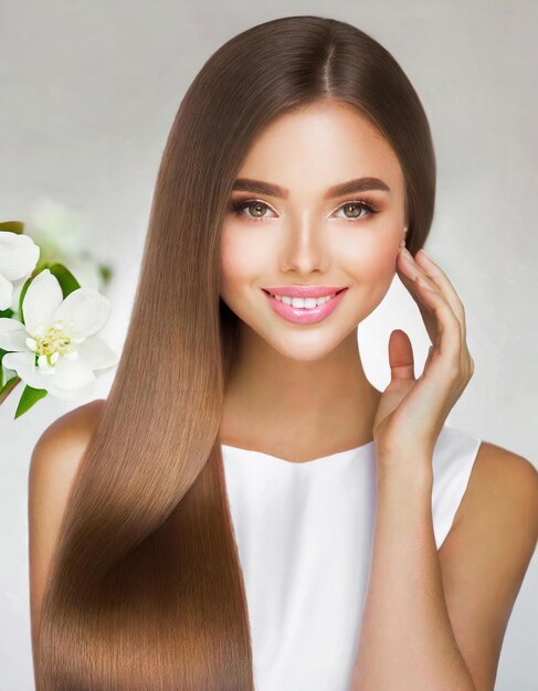 Foto bella donna con i capelli lunghi e sani.